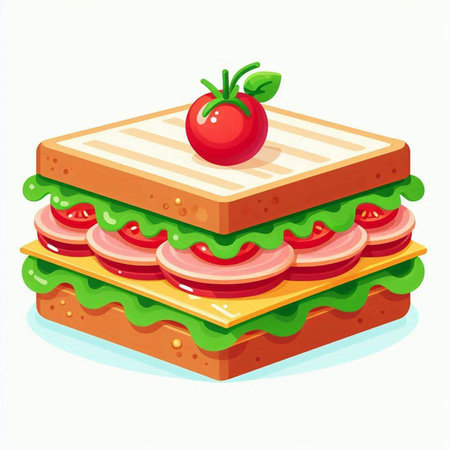 Sandwich with ham, tomato, cheese and lettuce. Vector illustration.のイラスト素材