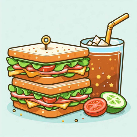 Sandwich with a glass of juice and a straw. Vector illustration.のイラスト素材
