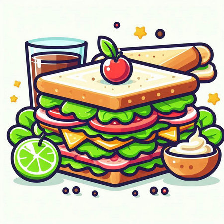 Vector illustration of a sandwich with cheese, tomato, lettuce, cucumber, onion and mayonnaiseのイラスト素材