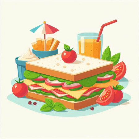 Sandwich with ham, cheese, tomato and juice. Vector illustrationのイラスト素材