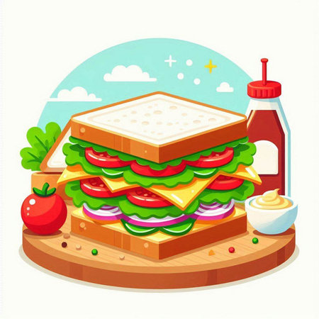 Illustration of a sandwich with cheese, tomato, cucumber, lettuce and mayonnaiseのイラスト素材