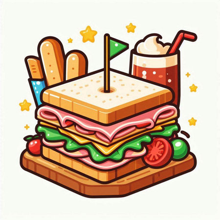 Illustration of a sandwich with french fries, cheese, tomato and juiceのイラスト素材