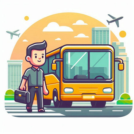 Young man going to school by bus. Vector illustration in cartoon styleのイラスト素材