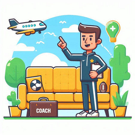Vector illustration of a man at home with a suitcase and a plane in the background.のイラスト素材
