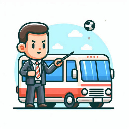 Businessman with bus. Vector illustration in flat cartoon style on white background.のイラスト素材