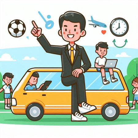 Businessman driving a car with children in the background. Vector illustration.のイラスト素材