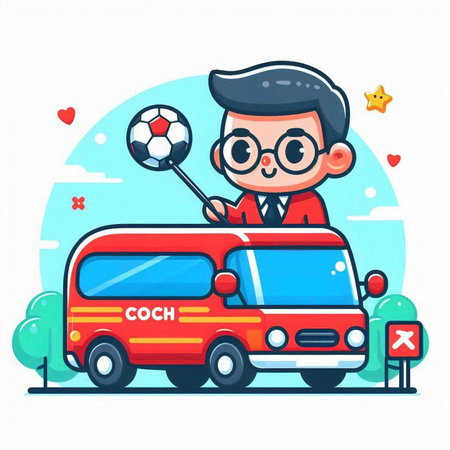 Cute boy playing soccer with a soccer van. Vector illustration.のイラスト素材