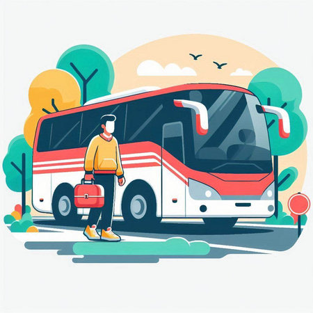 Tourist traveling by bus. Vector illustration in flat cartoon style.のイラスト素材