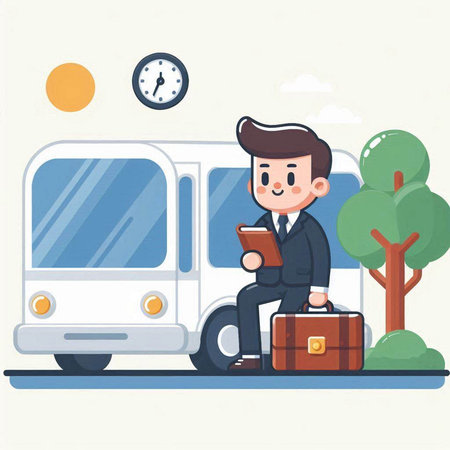 Businessman with briefcase and bus. Vector illustration in cartoon styleのイラスト素材