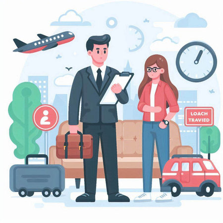 Businessman and businesswoman standing near airport terminal. Vector illustration in flat styleのイラスト素材