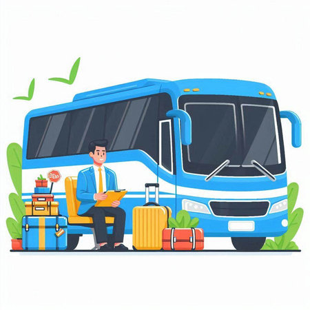 Bus travel concept vector illustration. Bus tour bus and man character with luggage.のイラスト素材