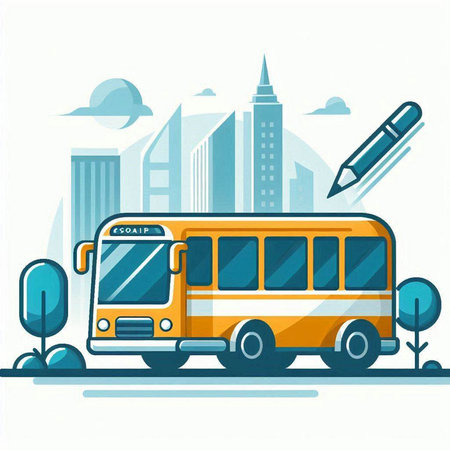 School bus and pencil on the background of the city. Vector illustrationのイラスト素材