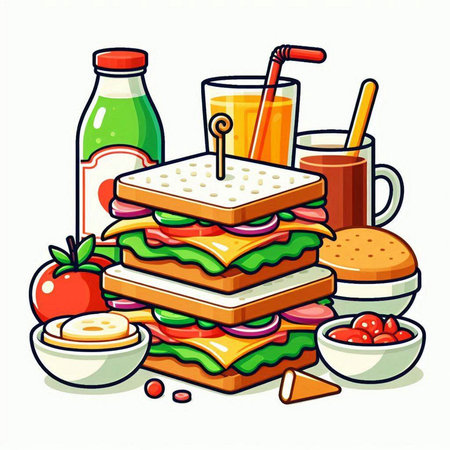Fast food vector illustration. Vector illustration of a hamburger, juice and snacks.のイラスト素材