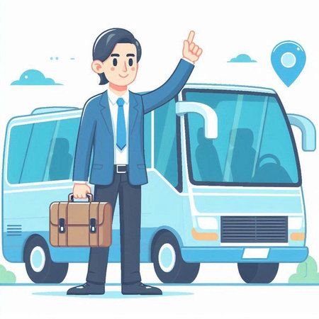 Businessman with briefcase hitchhiking on bus. Vector illustrationのイラスト素材