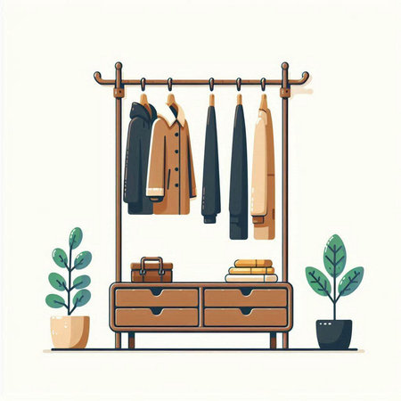 Closet with clothes and accessories. Vector illustration in flat styleのイラスト素材