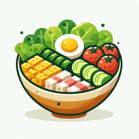 Bowl of salad with tofu, egg and vegetable. Vector illustration.のイラスト素材