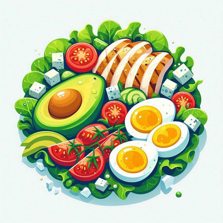 Illustration of fresh salad with avocado, tomatoes, cheese and eggsのイラスト素材