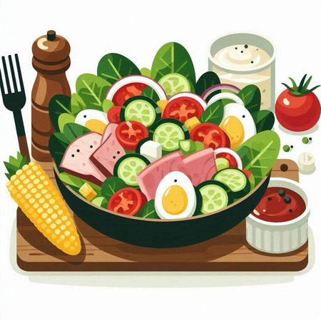 Salad with vegetables and meat in a bowl. Vector illustration.のイラスト素材