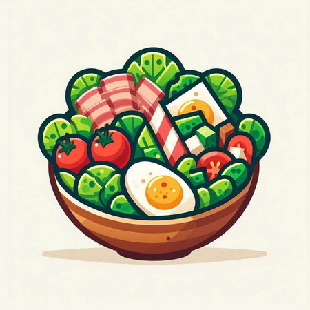 Healthy vegetable salad in bowl. Vector illustration in cartoon style.のイラスト素材
