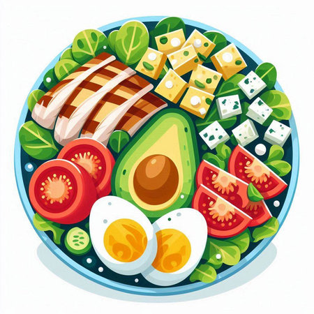 Vector illustration of a plate of salad with avocado, tomato, cheese and eggsのイラスト素材
