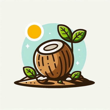 Coconut icon. Vector illustration of a coconut with leaves.のイラスト素材