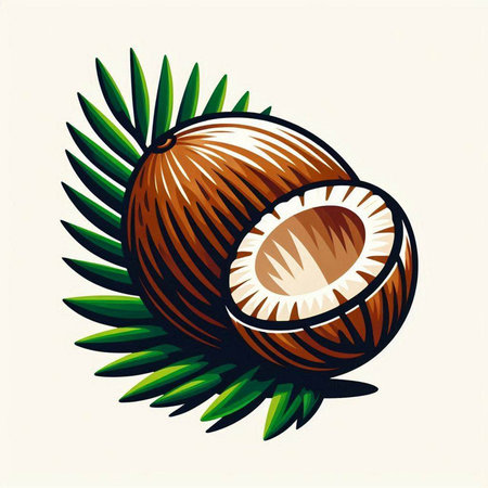 Coconut with leaves on a white background. Vector illustration.のイラスト素材