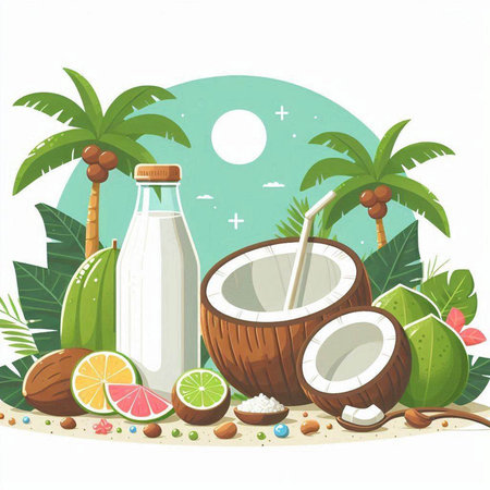 Coconut milk and fruits on the beach. Vector illustration.のイラスト素材