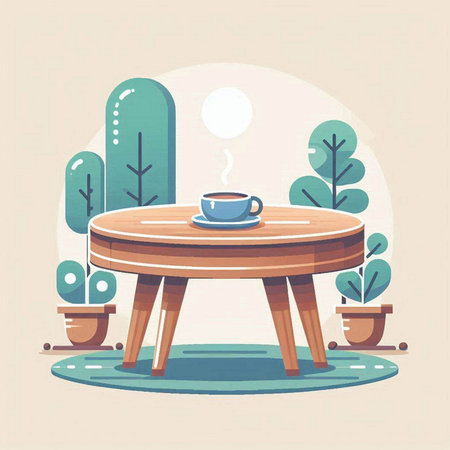 Wooden table and coffee cup. Vector illustration in flat style.のイラスト素材