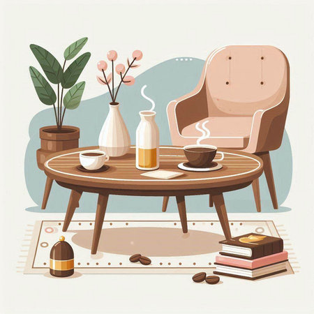 Vector illustration of a cozy living room with armchair, coffee table, coffee cup, books and plantのイラスト素材