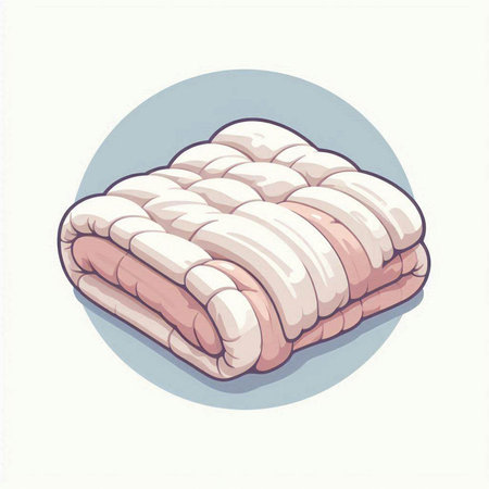 Illustration of a pile of bacon in a blue circle on a white backgroundのイラスト素材