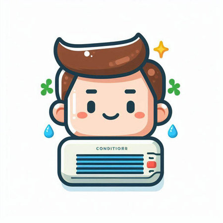 Illustration of a man using a air conditioner on a white backgroundのイラスト素材
