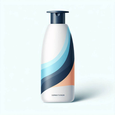 Cosmetic bottle with blue and orange waves on light blue background.のイラスト素材