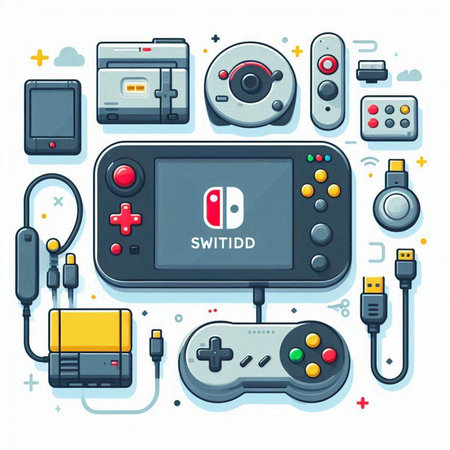 Vector illustration of a set of different types of game consoles. Gamepad, joystick, video game console, mobile phone, tablet, laptop, headphones.のイラスト素材
