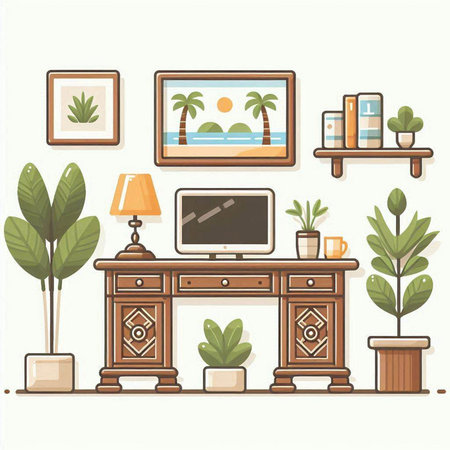 Interior of living room with furniture and plants. Vector illustration.のイラスト素材