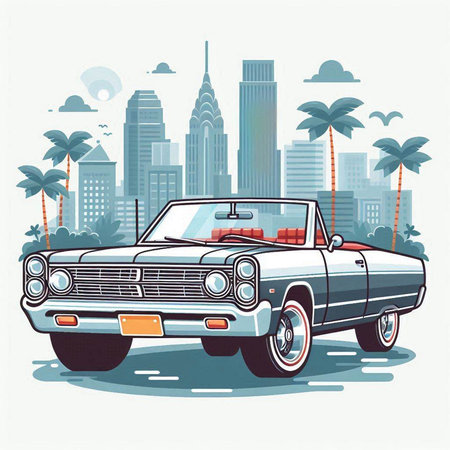 Retro car on the background of the city. Vector illustration.のイラスト素材