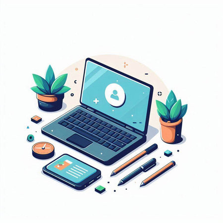 Flat isometric vector illustration. Laptop, notebook, pen, clock, plant.のイラスト素材