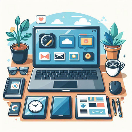 Flat design modern vector illustration concept of office workspace with laptop, mobile phone, tablet pc, coffee cup, plant and other objects.のイラスト素材