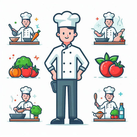 Chef character in cartoon style. Vector illustration of a chef in a flat style.のイラスト素材