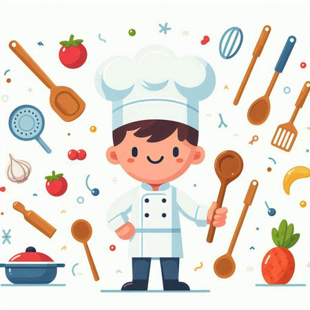 Cute little boy chef in uniform with kitchen tools. Vector illustrationのイラスト素材