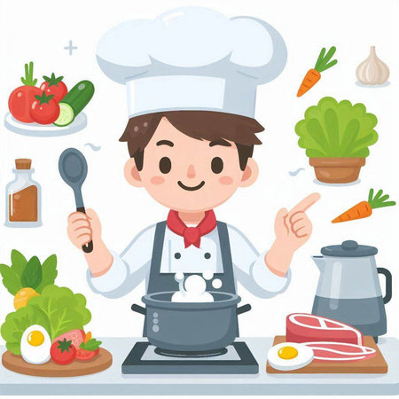 Chef cooking in the kitchen. Vector illustration of a cartoon character.のイラスト素材