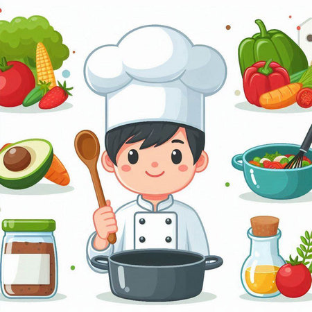 Cartoon chef boy cooking vegetables. Vector illustration of a cartoon chef boy.のイラスト素材