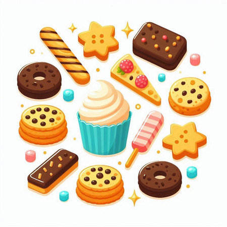 Set of cookies and candies. Vector illustration in cartoon style.のイラスト素材
