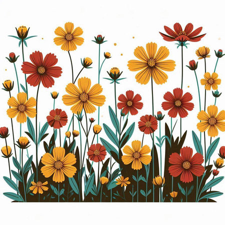 Floral background with yellow and red cosmos flowers. Vector illustration.のイラスト素材