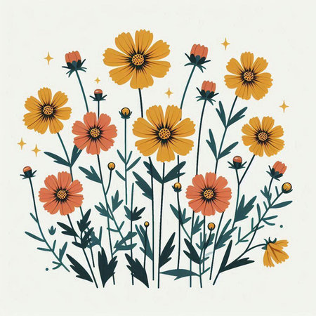 Cosmos flowers. Hand drawn vector illustration. Floral background.のイラスト素材