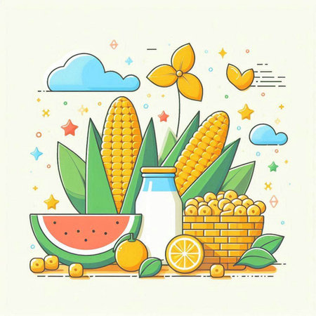 Vector illustration of healthy food concept in flat line style - milk, orange, corn, watermelonのイラスト素材