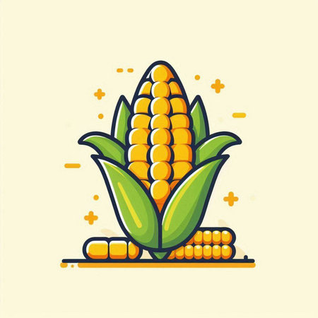 Corn icon. Vector illustration of a corn cob with leaves on a light background.のイラスト素材