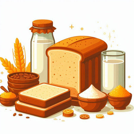 Illustration of a set of products for making bread on a white backgroundのイラスト素材