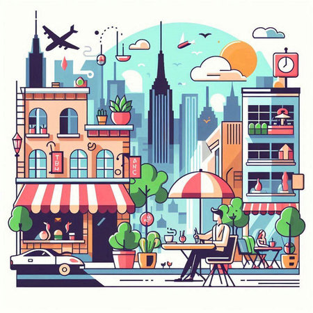 Cafe on the street in the city. Vector illustration in flat styleのイラスト素材