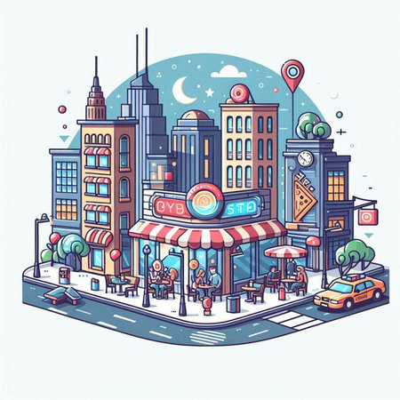 Vector illustration of a street with buildings, shops, cafes and people.のイラスト素材