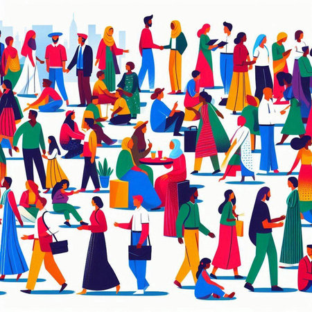 Vector illustration of a crowd of people walking in the city. Urban life.のイラスト素材